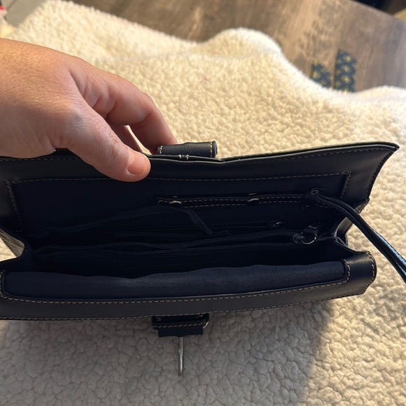 Leather Blue Wristlet Clutch with Structured Design - Picture 8 of 9